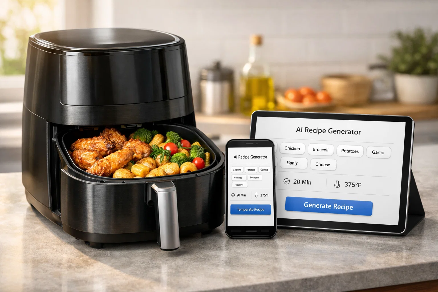 A high-quality, photorealistic food-tech hero image for a website featured image. Scene: A modern kitchen countertop with a sleek air fryer slightly open, showing perfectly cooked food inside (golden crispy chicken, roasted potatoes, and colorful vegetables). Next to the air fryer, a smartphone and a tablet screen display an AI-powered recipe generator interface with ingredient chips, cooking time, temperature, and a “Generate Recipe” button. Style & Mood: Clean, modern, bright, and appetizing. Natural daylight coming from the side. Warm tones for food, neutral tones for the kitchen. Professional food photography mixed with subtle tech UI elements. Composition: Landscape orientation (16:9). Clear focal point on the air fryer and food. Enough empty space at the top or side for website title text overlay. No people, no hands, no logos, no brand names. Details: • Food looks crispy, fresh, and realistic • Air fryer looks modern and premium • AI interface is generic, minimal, and futuristic • Emphasize simplicity and speed of cooking Use case: Featured image for an SEO article titled: “AI Air Fryer Recipe Generator – Cook With What You Have” Ultra realistic, sharp focus, high resolution, food photography, shallow depth of field.