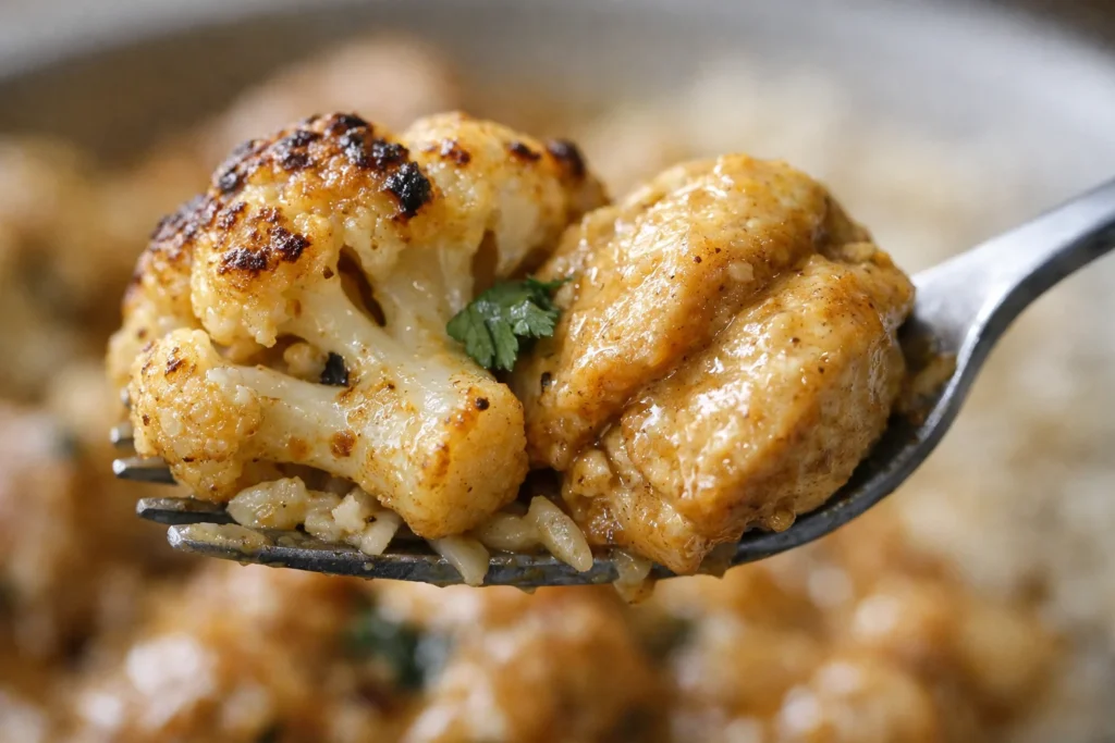 romige bloemkoolcurry met kip close-up