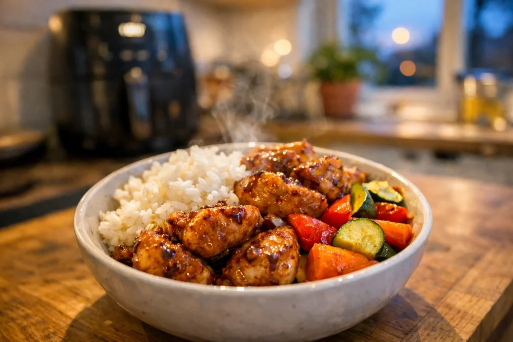 krokante kip met rijst en groenten uit de airfryer