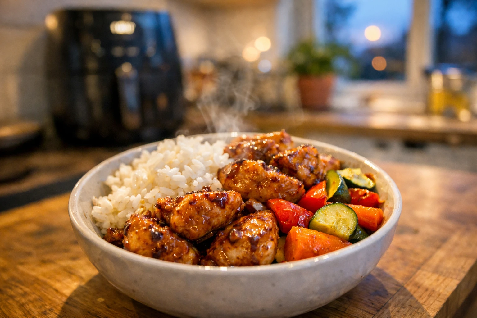 Krokante kip met rijst en groenten uit de airfryer