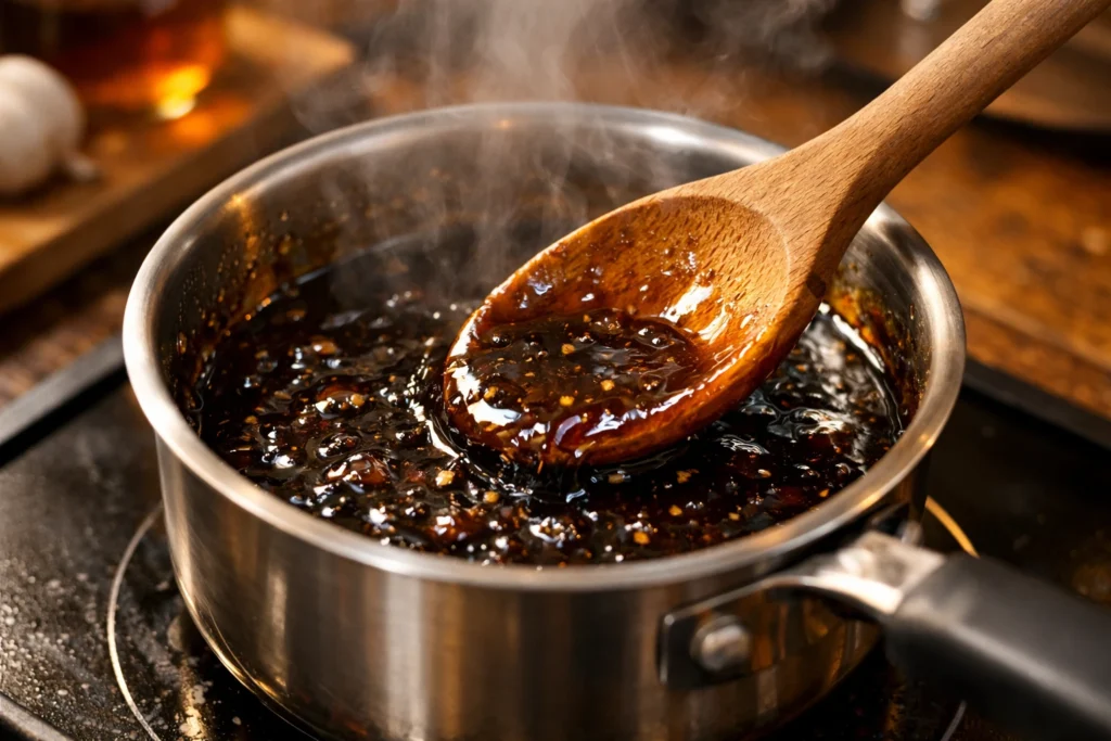 sticky saus voor krokante kip met rijst