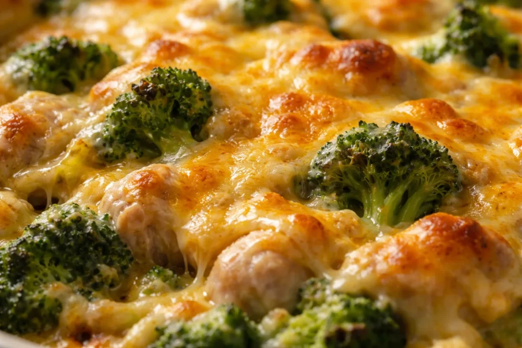 goudbruine kaaslaag op ovenschotel met kip en broccoli