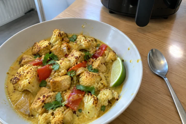 Bloemkoolcurry met kip uit de airfryer in een kom met verse koriander