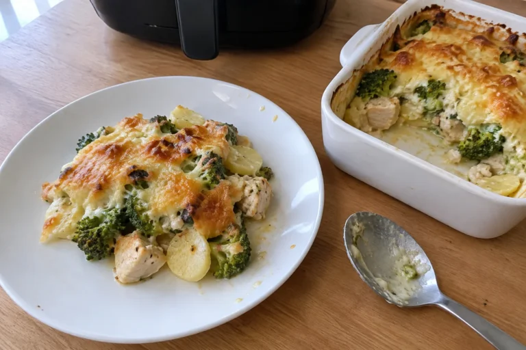 Ovenschotel met kip, broccoli en aardappel uit de airfryer met goudbruine kaaslaag